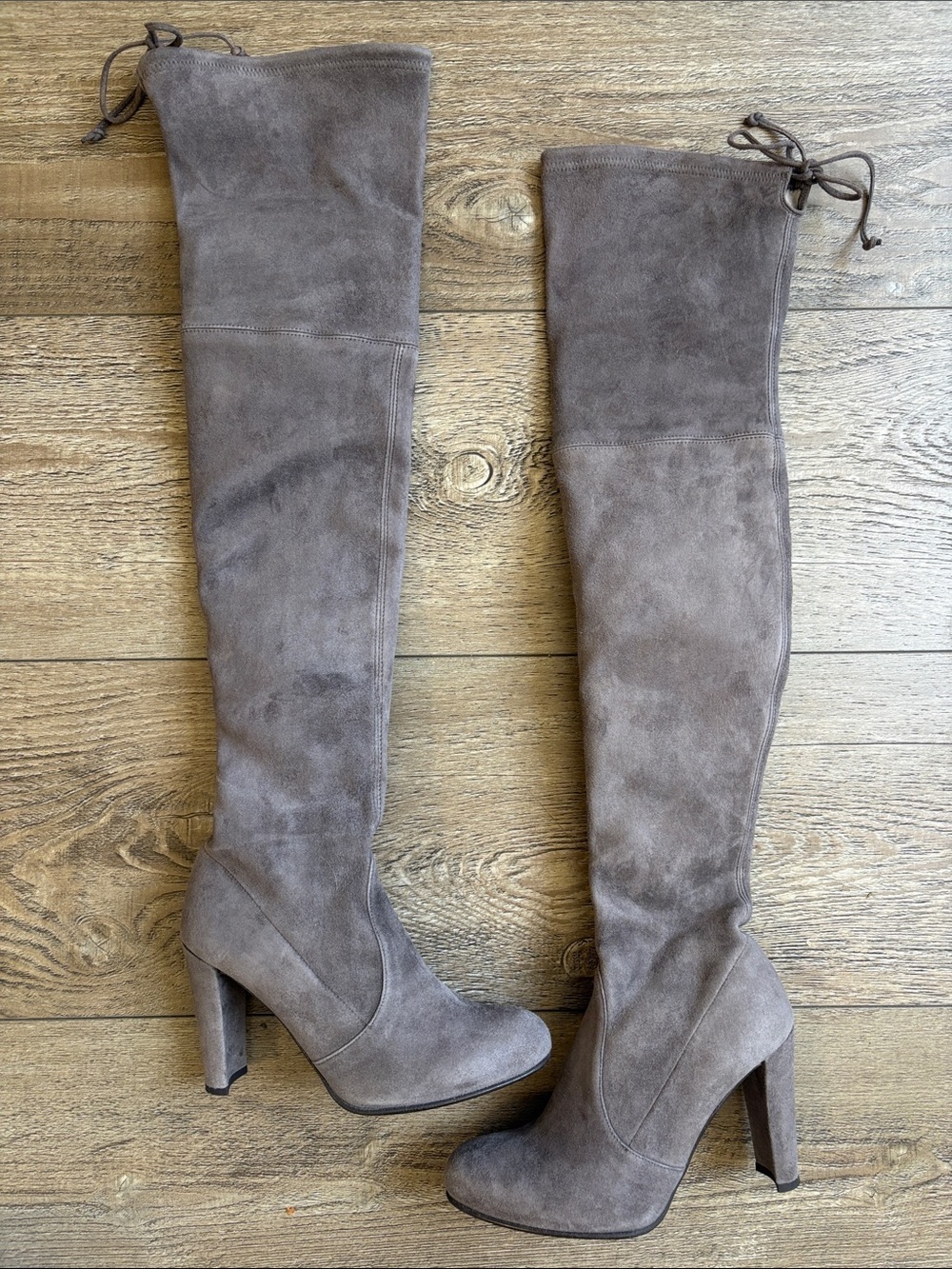 Stuart Weitzman Highland Over the Knee Grey Suede Block Heel Boots Back Lace-up